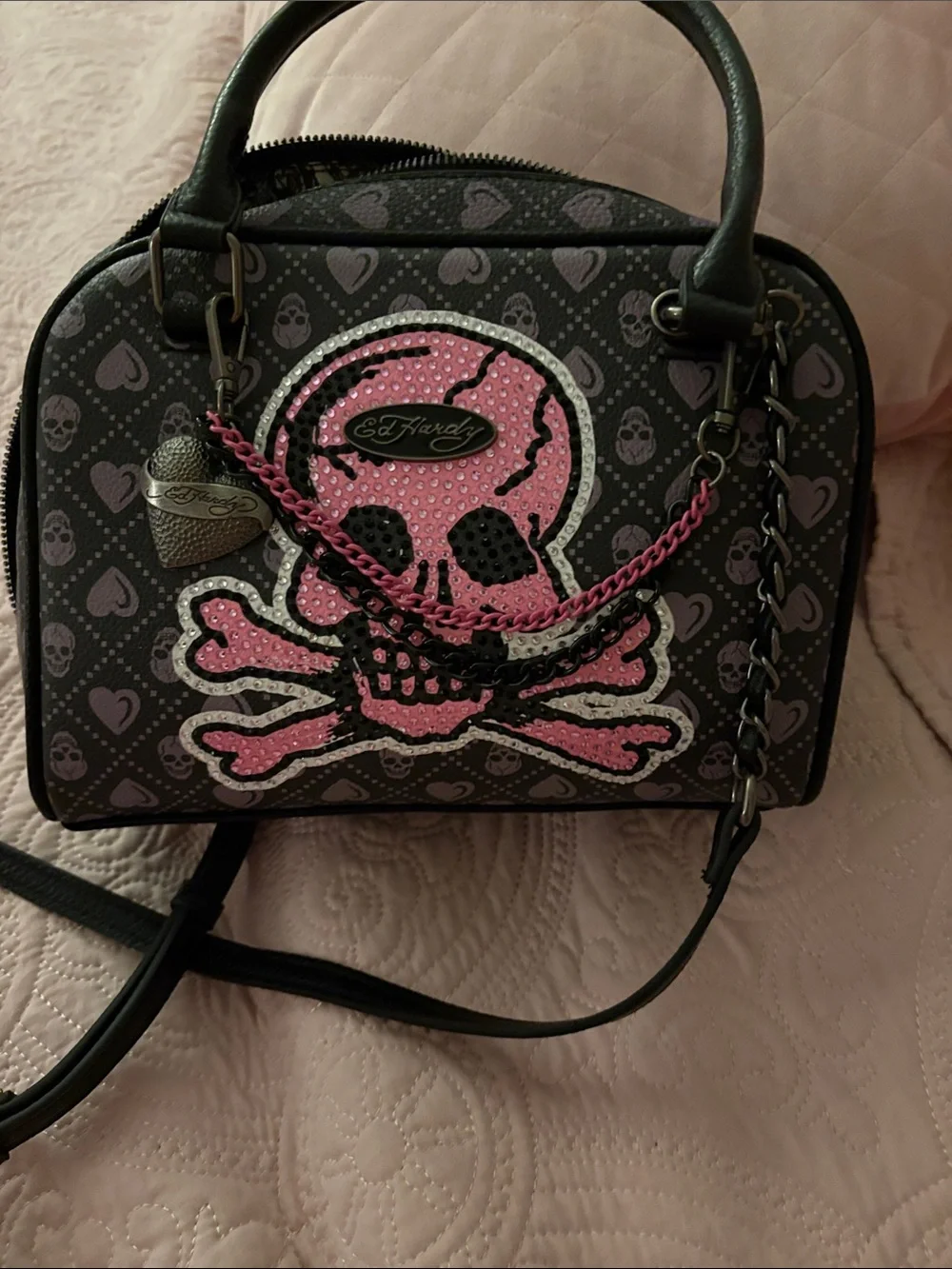 ED HARDY NWT Black and Pink Rhinestone Skull Satchel